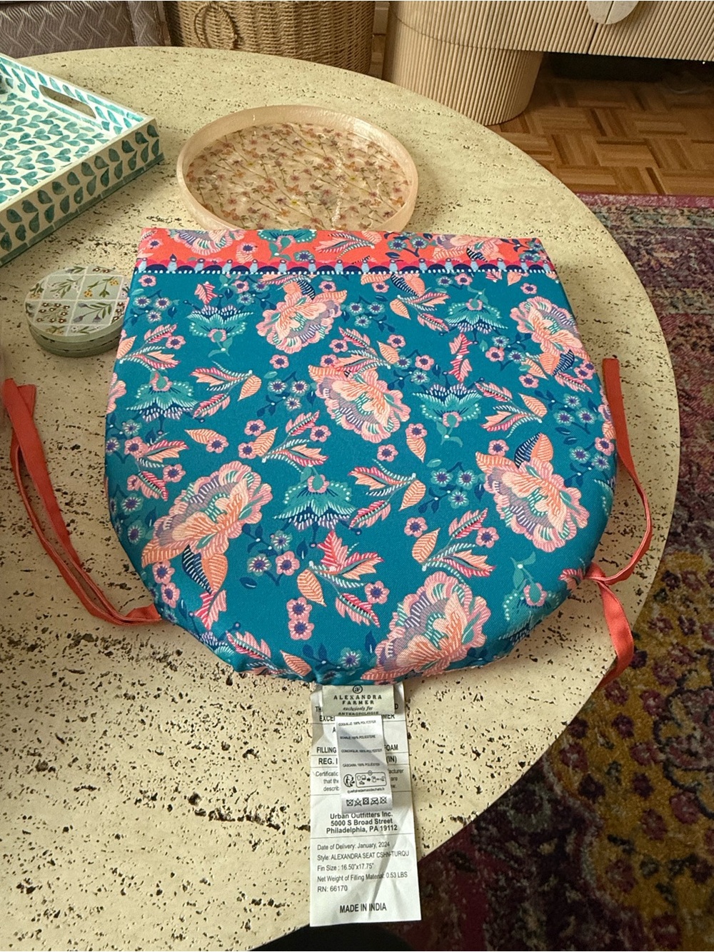 Set of 4 Anthropologie Floral Seat Cushions Teal and Coral
